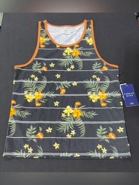 Thread Wave Men’s Tropical Floral Striped Tank Top Casual Summer Beach Coastal